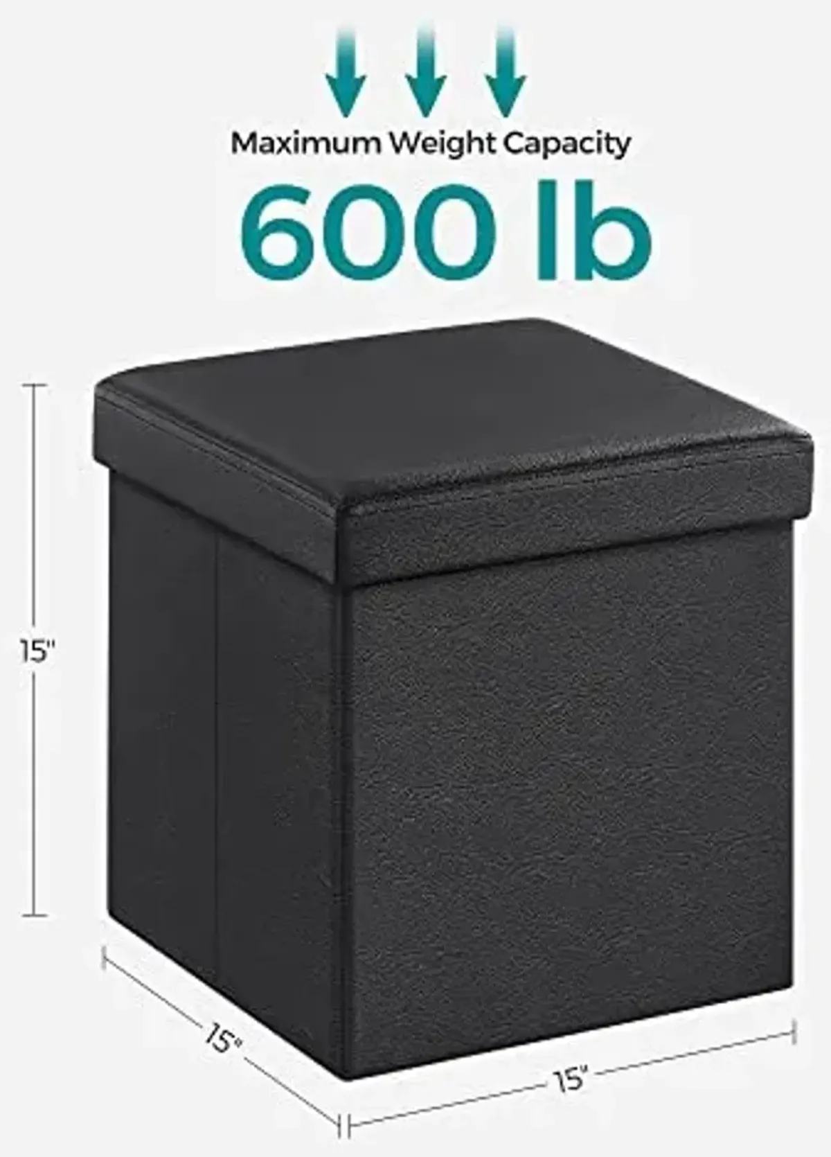 SONGMICS MAZIE Collection - 15 Inches Ottoman with Storage, Footstool, Storage Ottoman, Load 660 lb, for Dorm, Living Room, Bedroom, Synthetic Leather, Black ULSF101