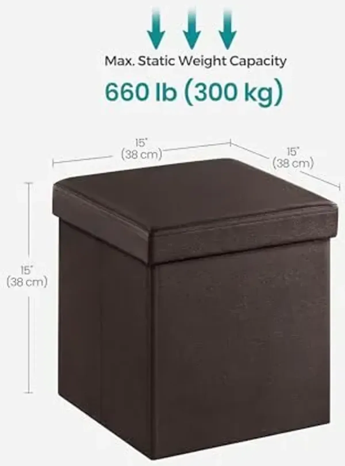 SONGMICS MAZIE Collection - 15 Inches Ottoman with Storage, Footstool, Storage Ottoman, Load 660 lb, for Dorm, Living Room, Bedroom, Synthetic Leather, Brown ULSF10B