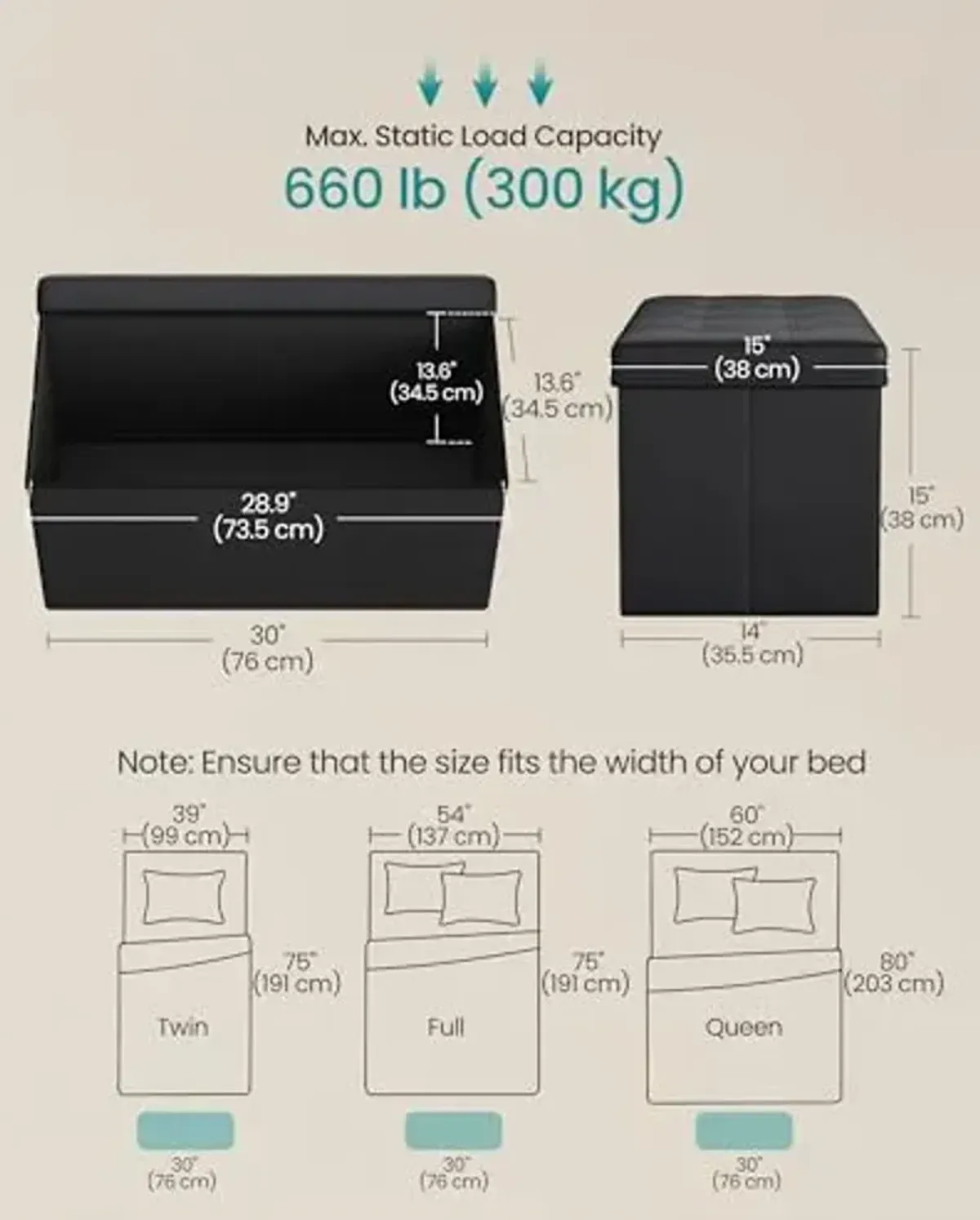 SONGMICS MAZIE Collection-30 Inches Folding Bench Ottoman with Storage, Foot Rest Stool, Load 660 lb, for Living Room, Synthetic Leather, Black ULSF105, 15" D x 30" W x 15" H