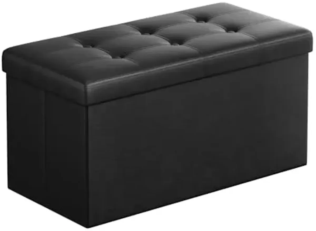 SONGMICS MAZIE Collection-30 Inches Folding Bench Ottoman with Storage, Foot Rest Stool, Load 660 lb, for Living Room, Synthetic Leather, Black ULSF105, 15" D x 30" W x 15" H