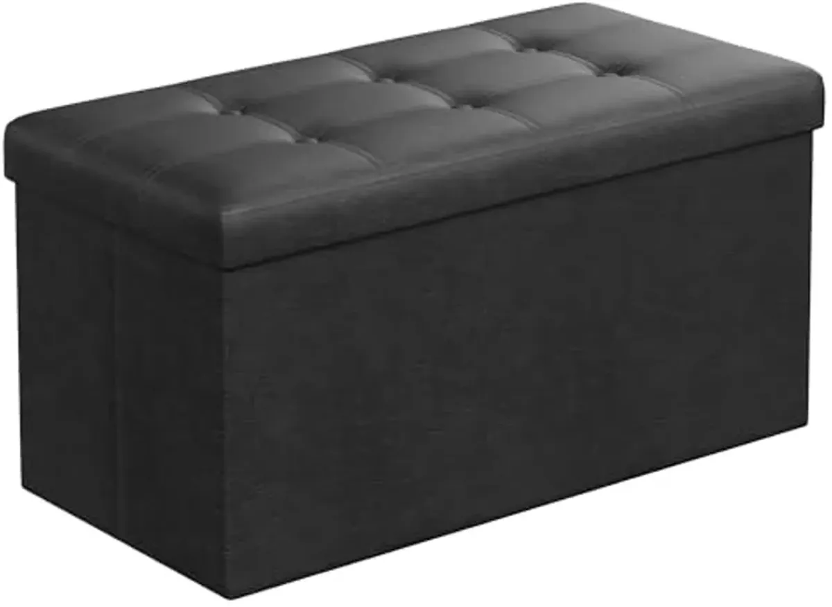 SONGMICS 30 Inches Folding Storage Ottoman Bench, Storage Chest, Footrest, Coffee Table, Padded Seat, Faux Leather, Holds up to 660 lb, Black ULSF105