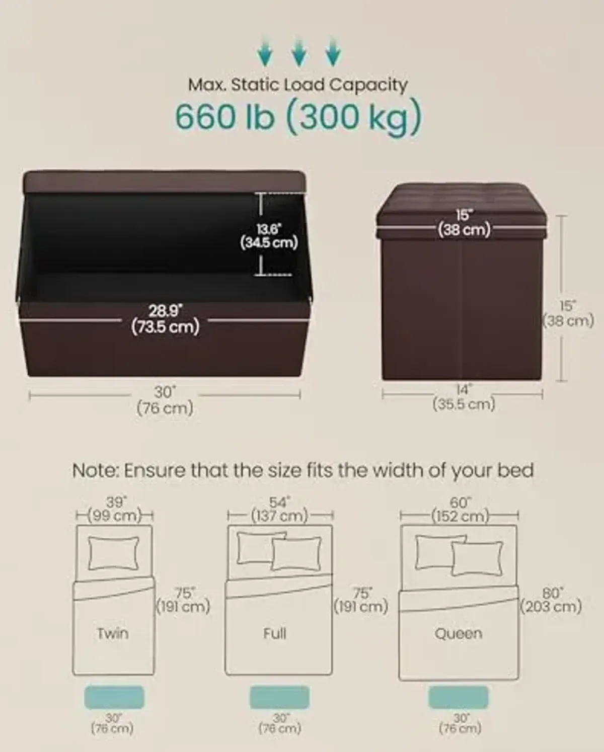 SONGMICS MAZIE Collection - 30 Inches Folding Storage Ottoman Bench, Ottoman with Storage, Foot Rest Stool, Load 660 lb, for Living Room, Synthetic Leather, Brown ULSF40Z