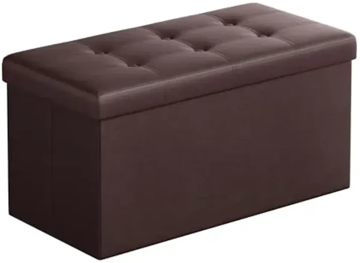 SONGMICS MAZIE Collection - 30 Inches Folding Storage Ottoman Bench, Ottoman with Storage, Foot Rest Stool, Load 660 lb, for Living Room, Synthetic Leather, Brown ULSF40Z