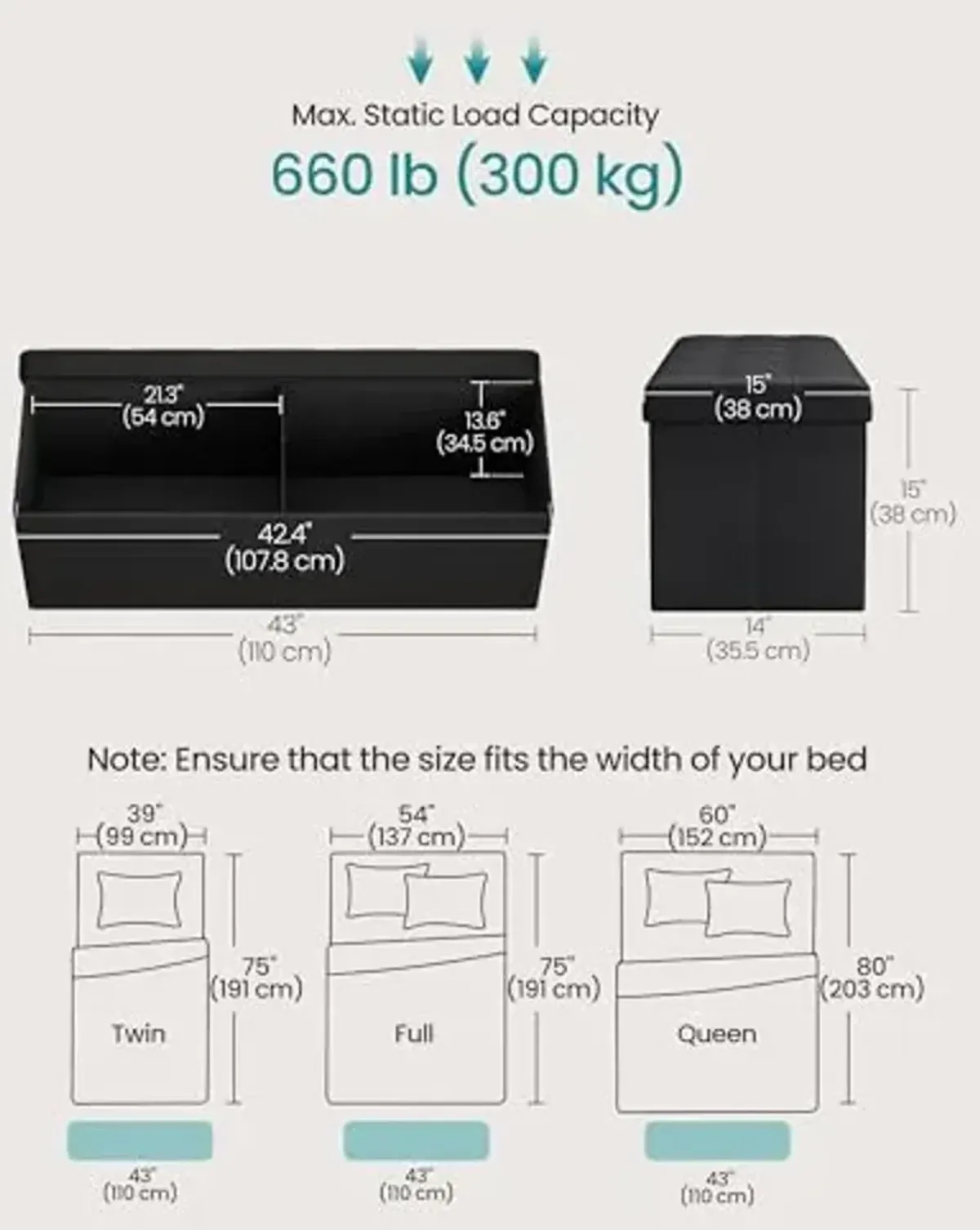 SONGMICS MAZIE Collection - 43 Inches Folding Storage Ottoman Bench, Ottoman with Storage, Foot Rest Stool, Load 660 lb, for Living Room, Synthetic Leather, Black ULSF701