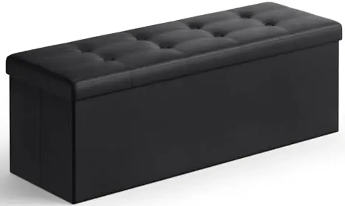 SONGMICS MAZIE Collection - 43 Inches Folding Storage Ottoman Bench, Ottoman with Storage, Foot Rest Stool, Load 660 lb, for Living Room, Synthetic Leather, Black ULSF701