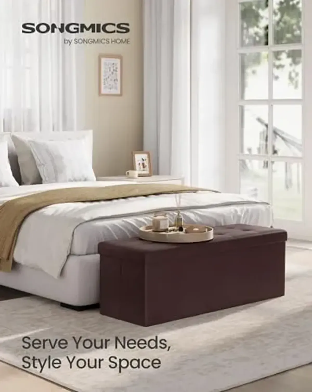 SONGMICS MAZIE Collection - 43 Inches Folding Storage Ottoman Bench, Ottoman with Storage, Foot Rest Stool, Load 660 lb, for Living Room, Synthetic Leather, Brown ULSF703