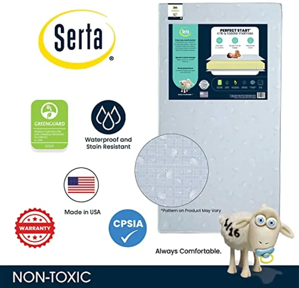 Serta Perfect Start Dual Sided Baby Crib Mattress & Toddler Mattress - Waterproof - 6" Premium Sustainably Sourced Fiber Core - GREENGUARD Gold Certified – 7 Year Warranty - Made in USA