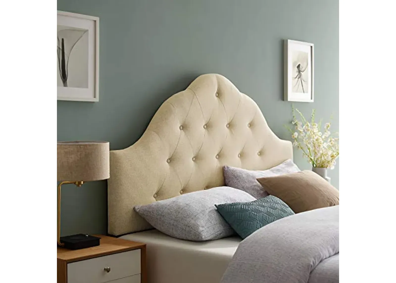 Modway Sovereign Tufted Button Linen Fabric Upholstered King Headboard in Beige