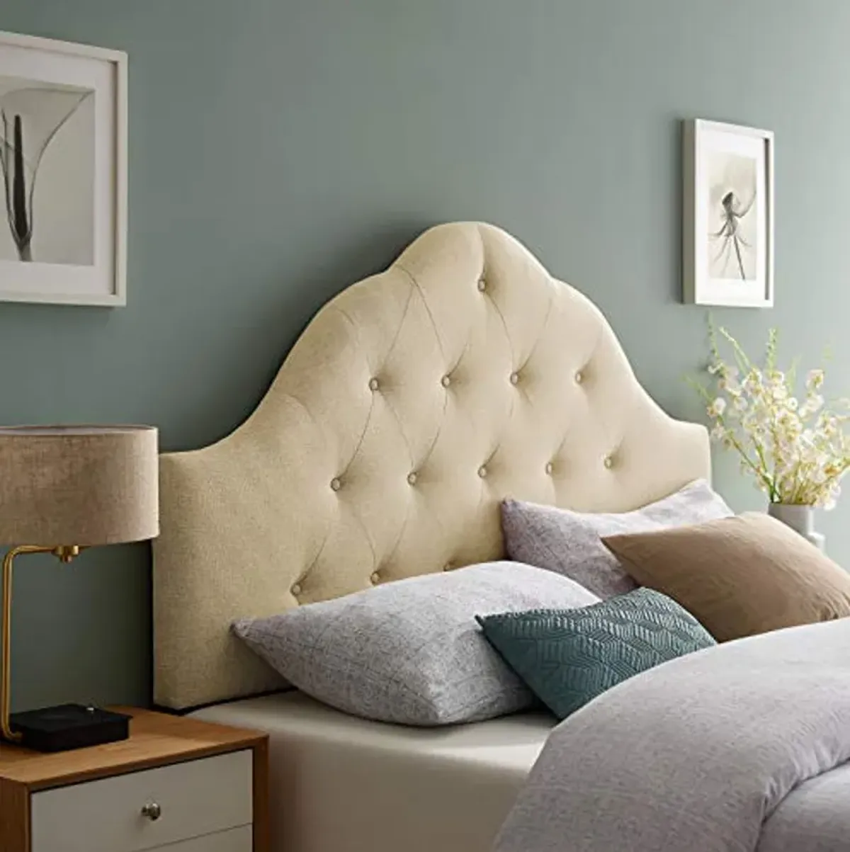 Modway Sovereign Tufted Button Linen Fabric Upholstered King Headboard in Beige