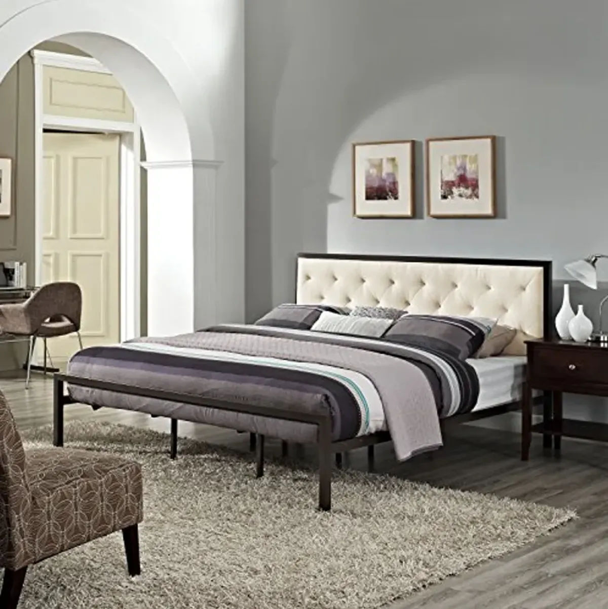 Modway Mia Upholstered Brown Beige Tufted Platform Bed With Metal Slat Support in King