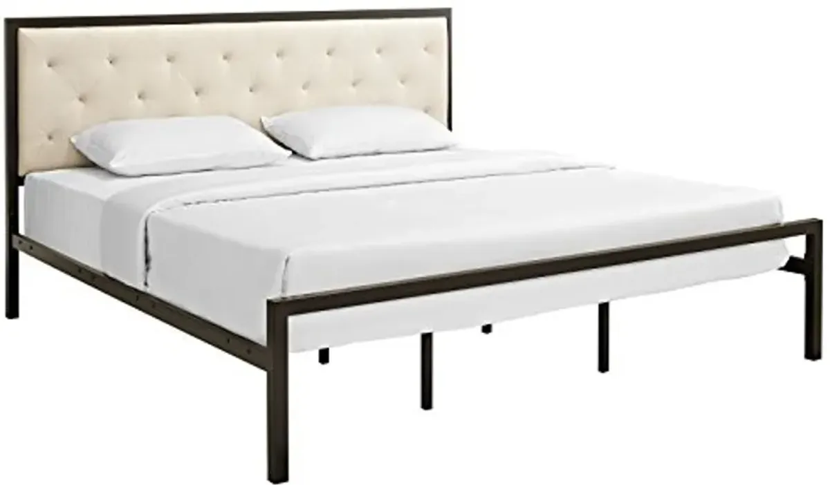 Modway Mia Upholstered Brown Beige Tufted Platform Bed With Metal Slat Support in King