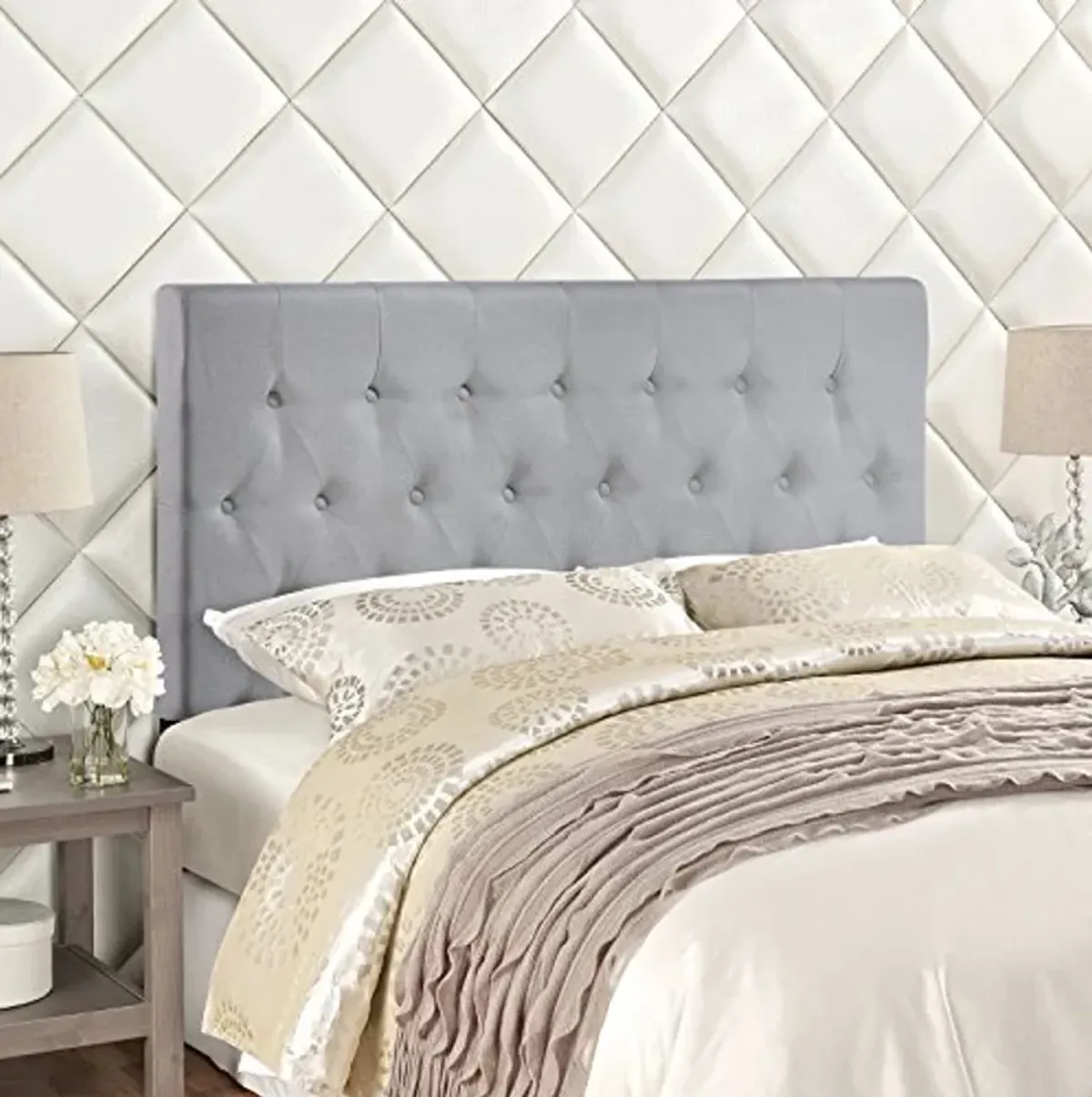 Modway Clique Tufted Button Diamond Pattern Linen Fabric Upholstered King Headboard in Gray