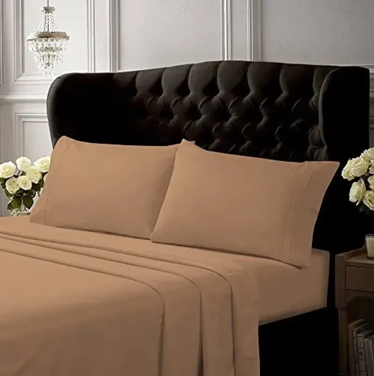 Tribeca Living Twin XL Bed Sheet Set, Crisp and Smooth Cotton Percale Solid Sheets and Pillowcase Set, Extra Deep Pocket, 300 Thread Count, 3-Piece Luxury Bedding, Coffee