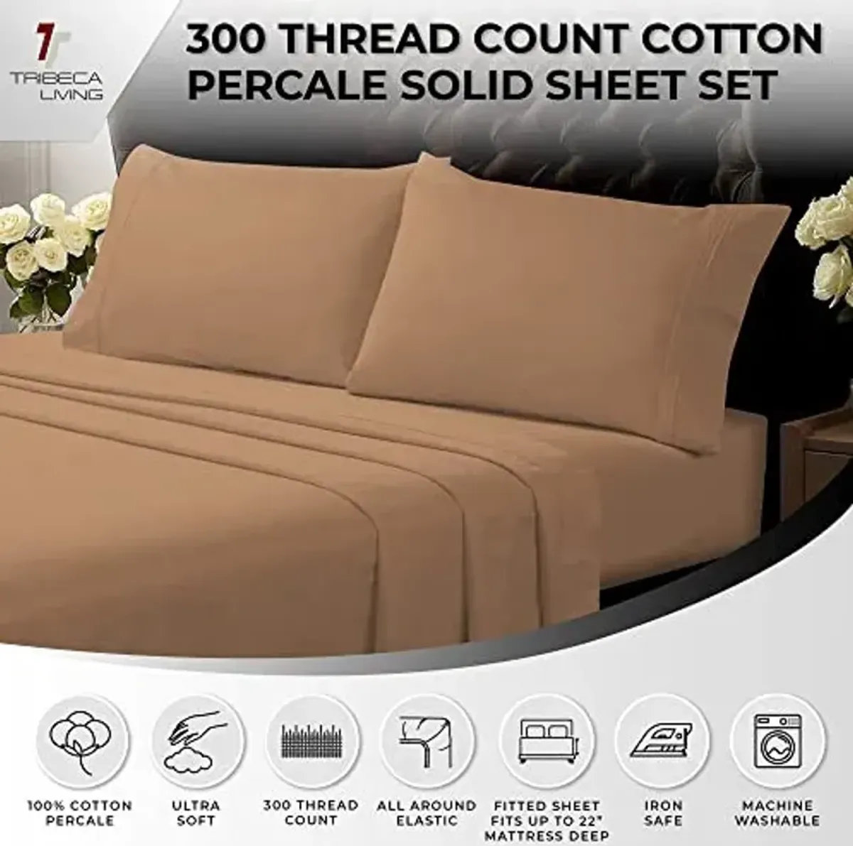 Tribeca Living King Bed Sheet Set, Crisp and Smooth Cotton Percale Solid Sheets and Pillowcase Set, Extra Deep Pocket, 300 Thread Count, 4-Piece Luxury Bedding, Coffee