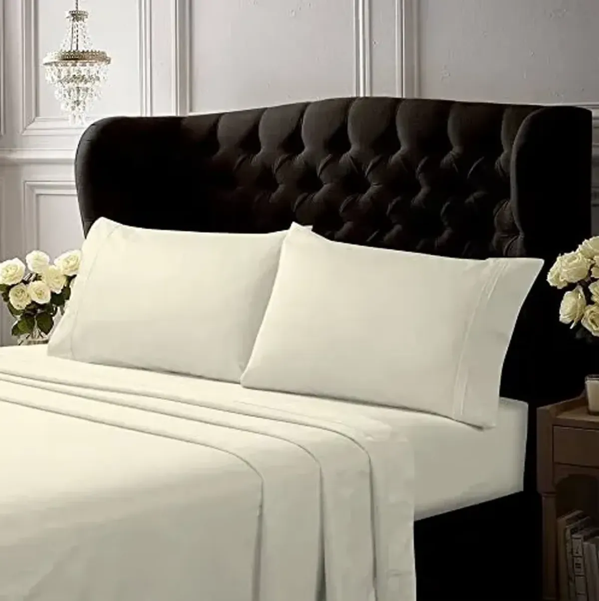Tribeca Living Queen Bed Sheet Set, Crisp and Smooth Cotton Percale Solid Sheets and Pillowcase Set, Extra Deep Pocket, 300 Thread Count, 4-Piece Luxury Bedding, Ivory