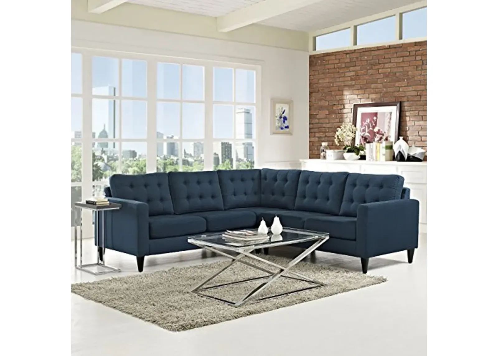 Modway Empress 3 Piece Upholstered Fabric Sectional Sofa Set in Azure