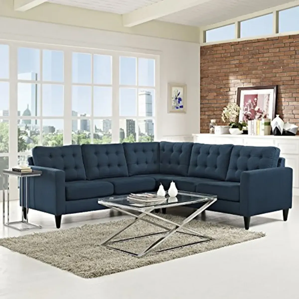 Modway Empress 3 Piece Upholstered Fabric Sectional Sofa Set in Azure