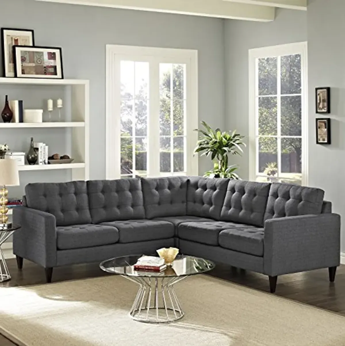 Modway 3 Piece Empress Upholstered Fabric Sectional Sofa Set, Gray