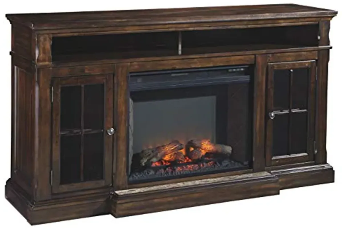 Signature Design by Ashley Roddinton Traditional TV Stand With Fireplace Option Fits TVs up to 70", 2 Cabinets and Storage Shelves, Dark Brown