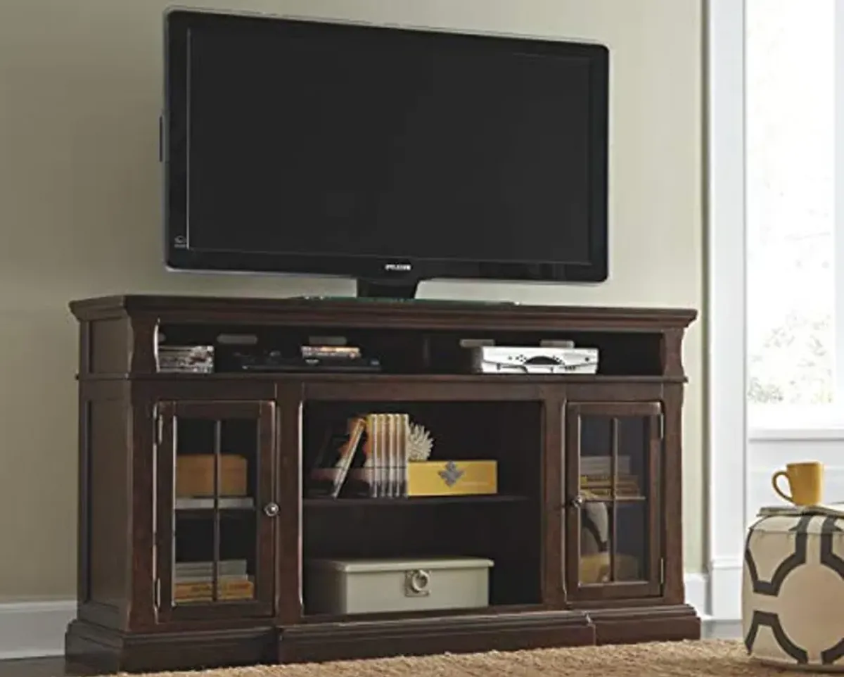 Signature Design by Ashley Roddinton Traditional TV Stand With Fireplace Option Fits TVs up to 70", 2 Cabinets and Storage Shelves, Dark Brown