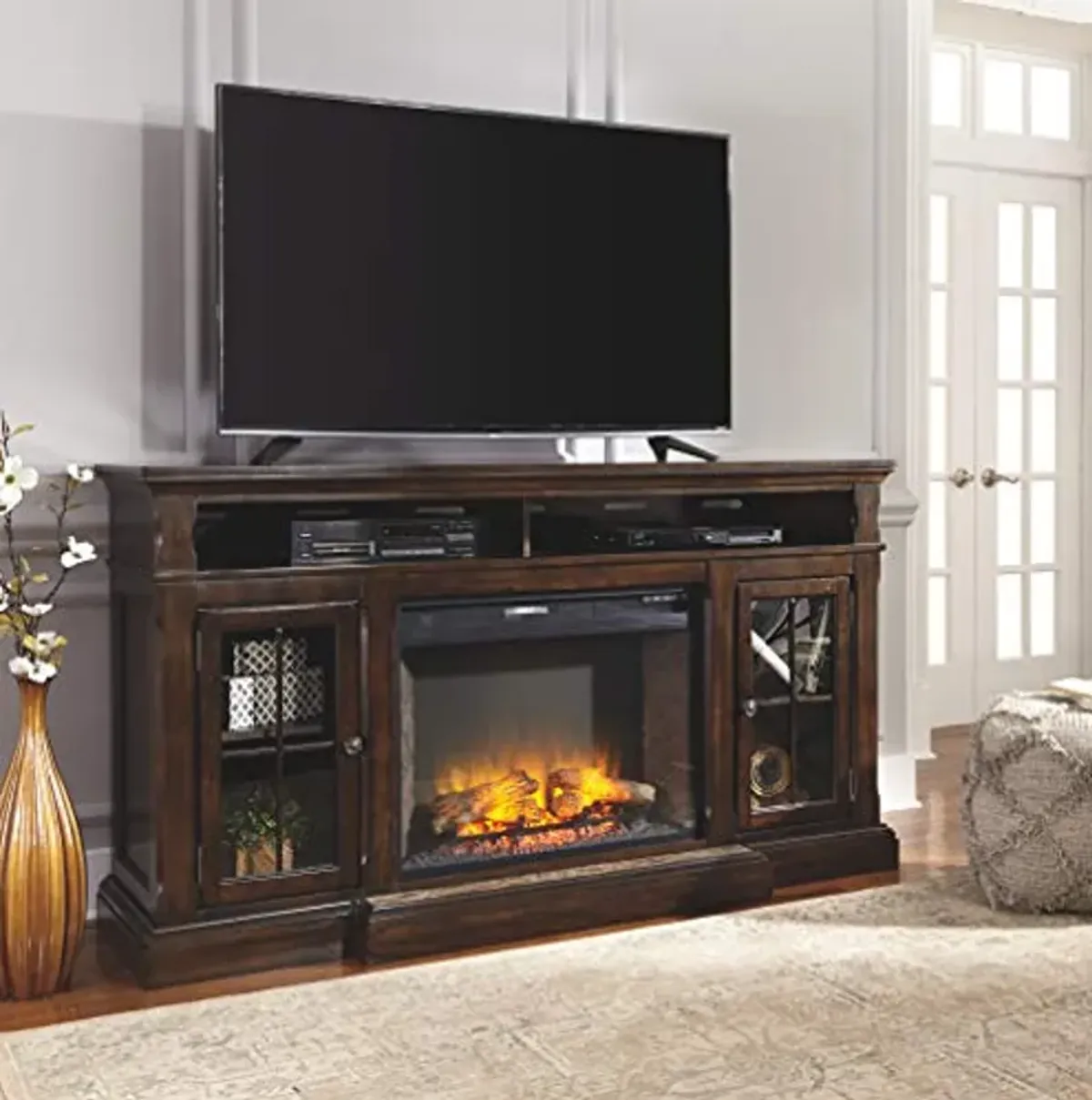 Signature Design by Ashley Roddinton Traditional TV Stand With Fireplace Option Fits TVs up to 70", 2 Cabinets and Storage Shelves, Dark Brown