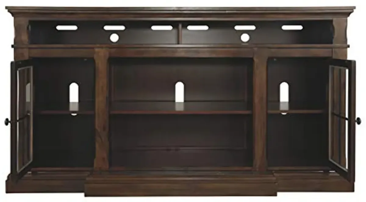 Signature Design by Ashley Roddinton Traditional TV Stand With Fireplace Option Fits TVs up to 70", 2 Cabinets and Storage Shelves, Dark Brown