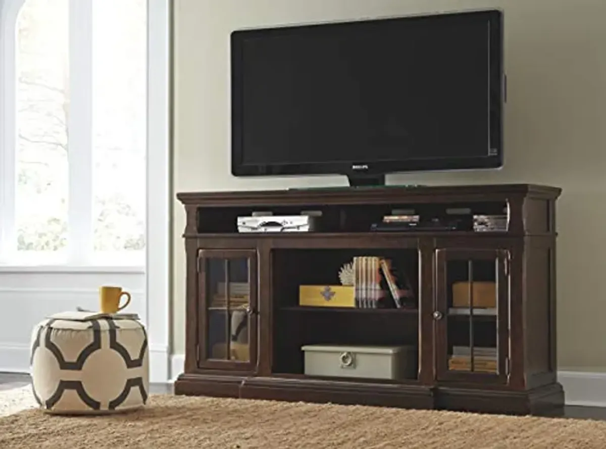 Signature Design by Ashley Roddinton Traditional TV Stand With Fireplace Option Fits TVs up to 70", 2 Cabinets and Storage Shelves, Dark Brown