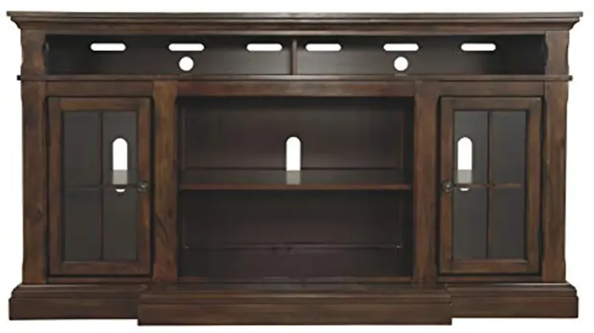 Signature Design by Ashley Roddinton Traditional TV Stand With Fireplace Option Fits TVs up to 70", 2 Cabinets and Storage Shelves, Dark Brown