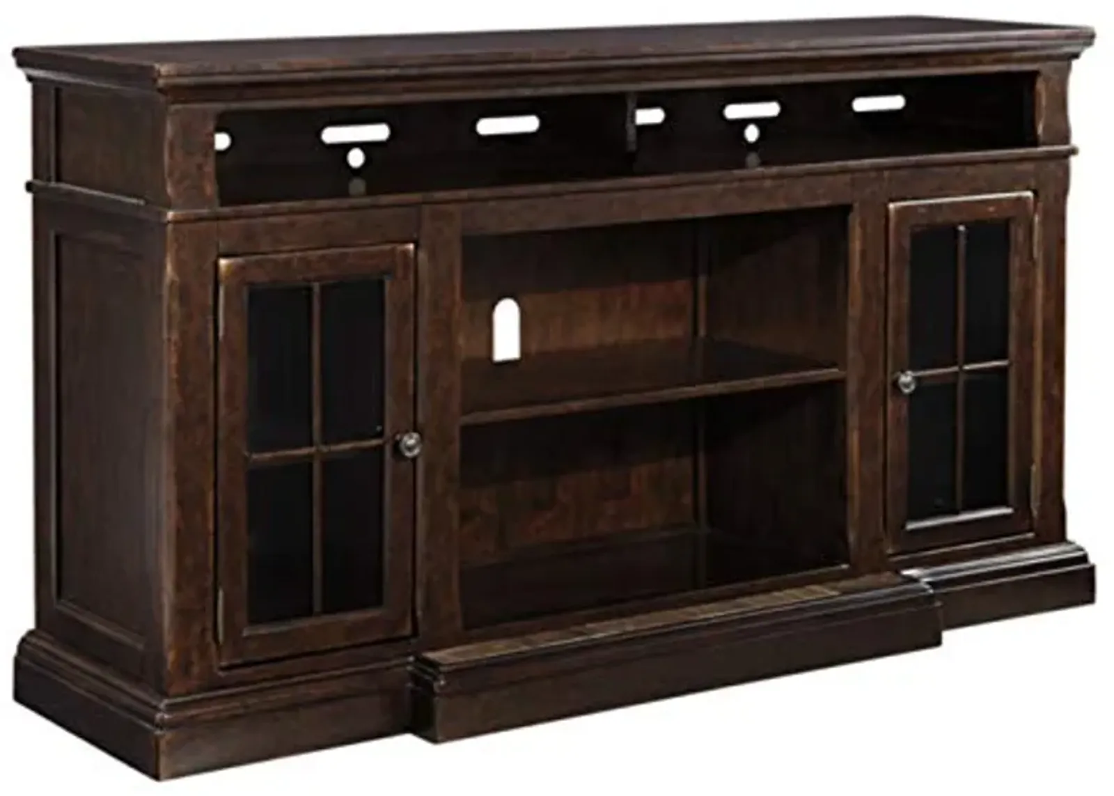 Signature Design by Ashley Roddinton Traditional TV Stand With Fireplace Option Fits TVs up to 70", 2 Cabinets and Storage Shelves, Dark Brown