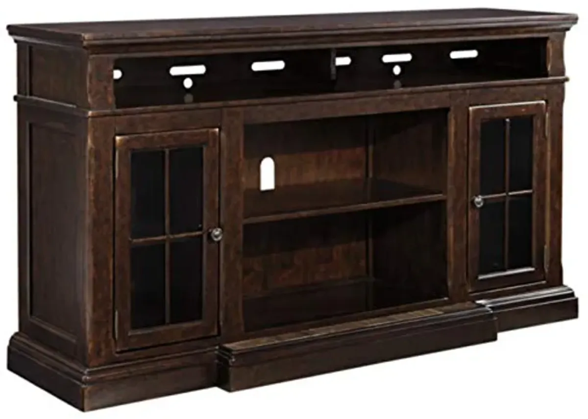 Signature Design by Ashley Roddinton Traditional TV Stand With Fireplace Option Fits TVs up to 70", 2 Cabinets and Storage Shelves, Dark Brown