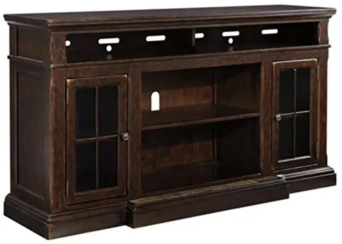 Signature Design by Ashley Roddinton Traditional TV Stand With Fireplace Option Fits TVs up to 70", 2 Cabinets and Storage Shelves, Dark Brown