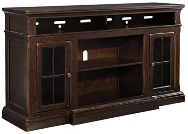 Signature Design by Ashley Roddinton Traditional TV Stand With Fireplace Option Fits TVs up to 70", 2 Cabinets and Storage Shelves, Dark Brown