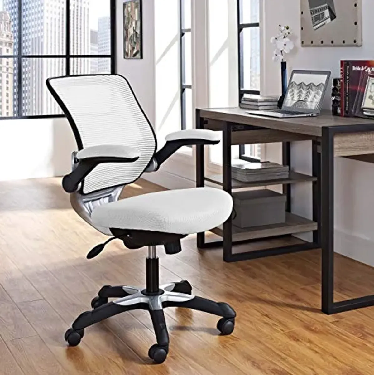 Modway Edge Mesh Back and Mesh Seat Office Chair In Black With Flip-Up Arms in White