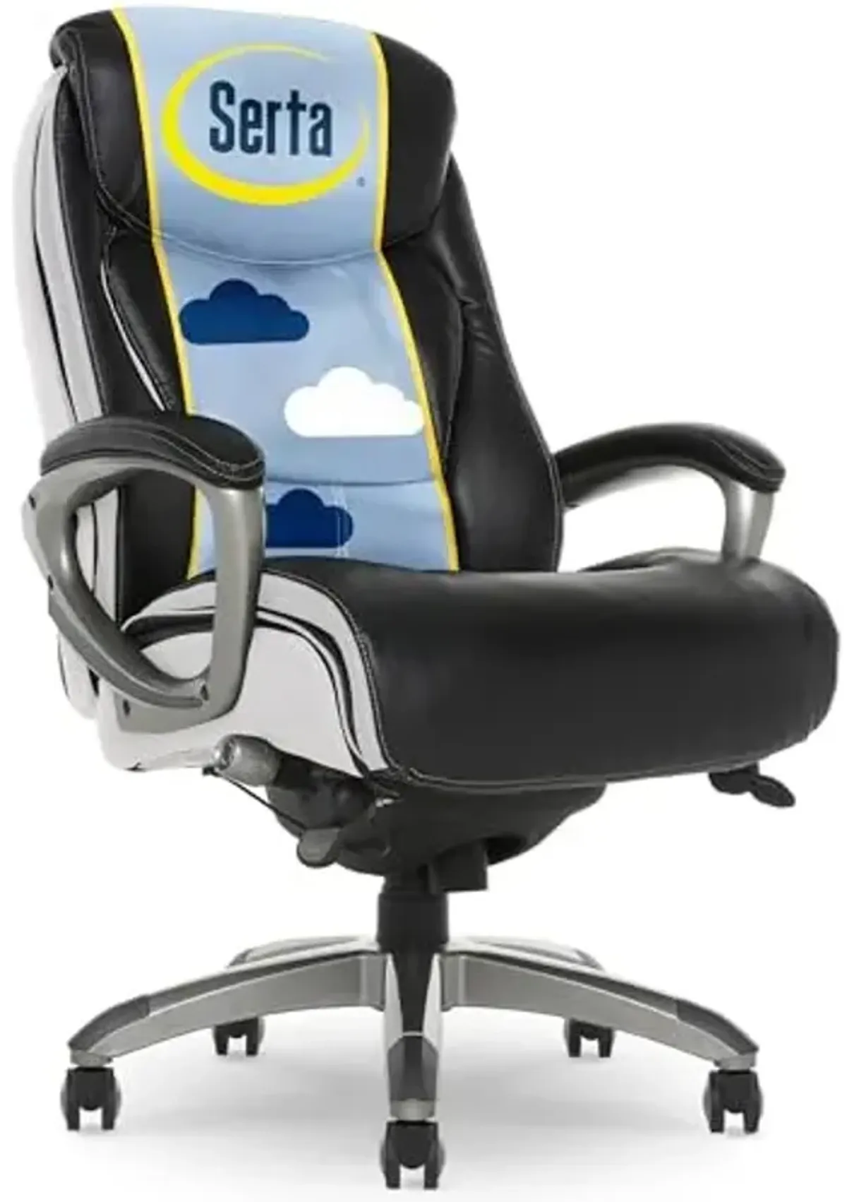 Serta® Lautner Executive Home Office Desk Chair, Ergonomic High-Back with Adjustable Lumbar and Body Pillows, SmartLayers™ and ComfortCoils® Technology, Mesh and Bonded Leather, Black and White