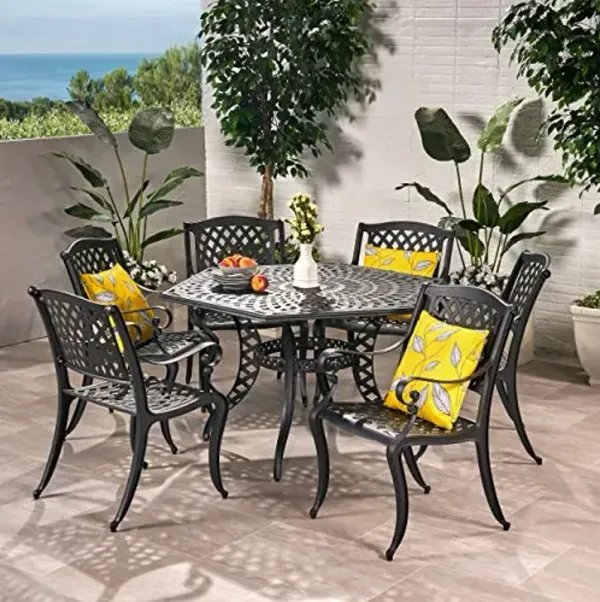 Christopher Knight Home Hammond Outdoor Cast Aluminum Patio Dining Set in Bronze, 7-Pcs Set, Antique Matte Black