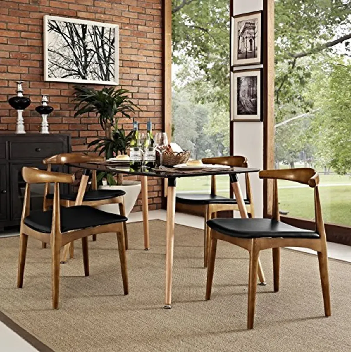 Modway Tracy Mid-Century Modern Wood and Faux Leather Upholstered Four Dining Chairs in Black