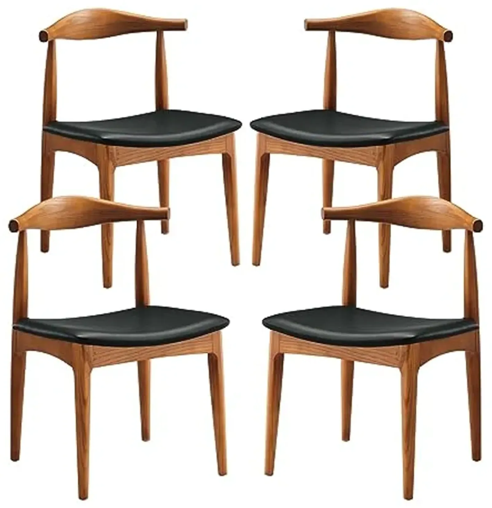 Modway Tracy Mid-Century Modern Wood and Faux Leather Upholstered Four Dining Chairs in Black