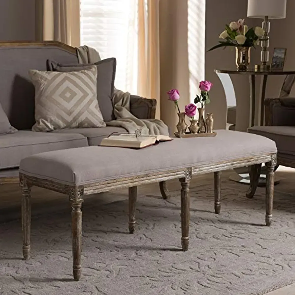 Baxton Studio Clairette Beige Linen French Style Natural Oak Wood Bench