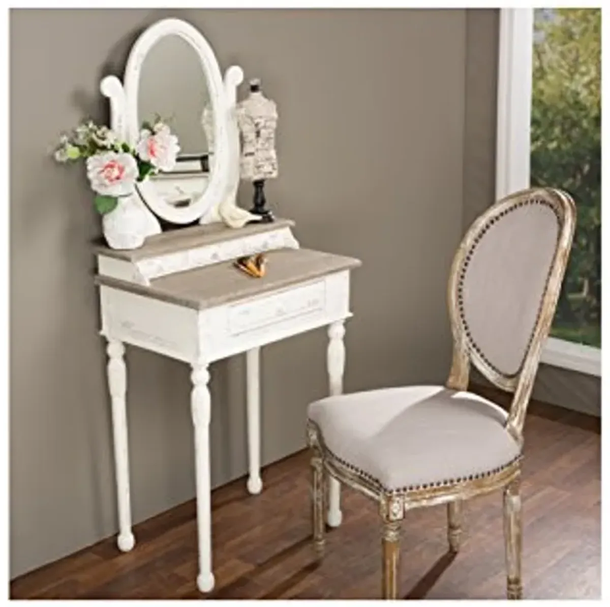 Baxton Studio Anjou Traditional French Accent Dressing Table with Mirror, White