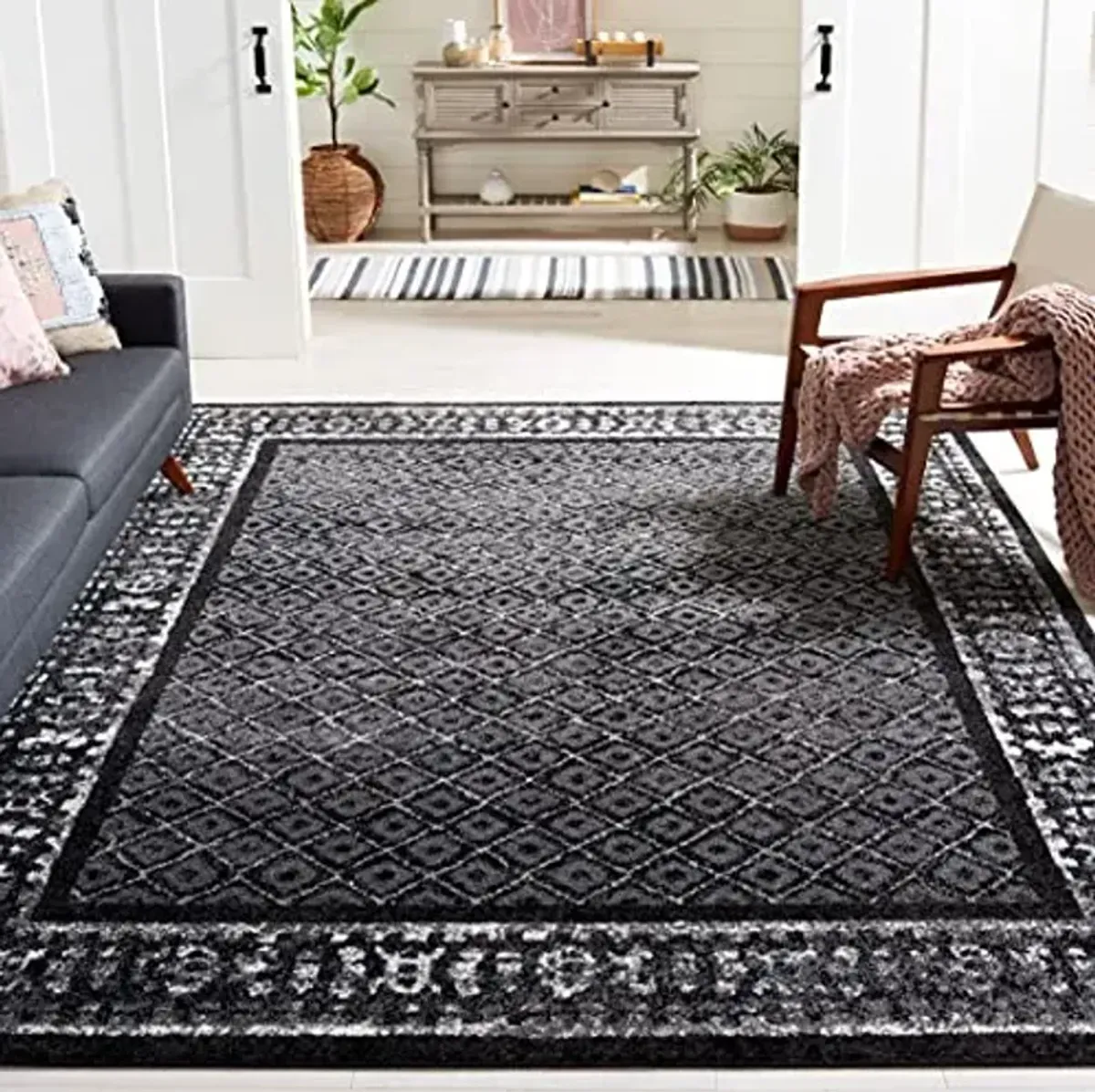 SAFAVIEH Adirondack Collection Area Rug - 6' Square, Black & Silver, Distressed Design, Non-Shedding & Easy Care, Ideal for High Traffic Areas in Living Room, Bedroom (ADR110A)