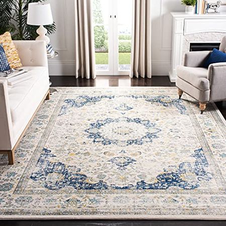 SAFAVIEH Evoke Collection 9' x 12' Ivory/Blue EVK220C Shabby Chic Oriental Medallion Non-Shedding Living Room Bedroom Dining Home Office Area Rug