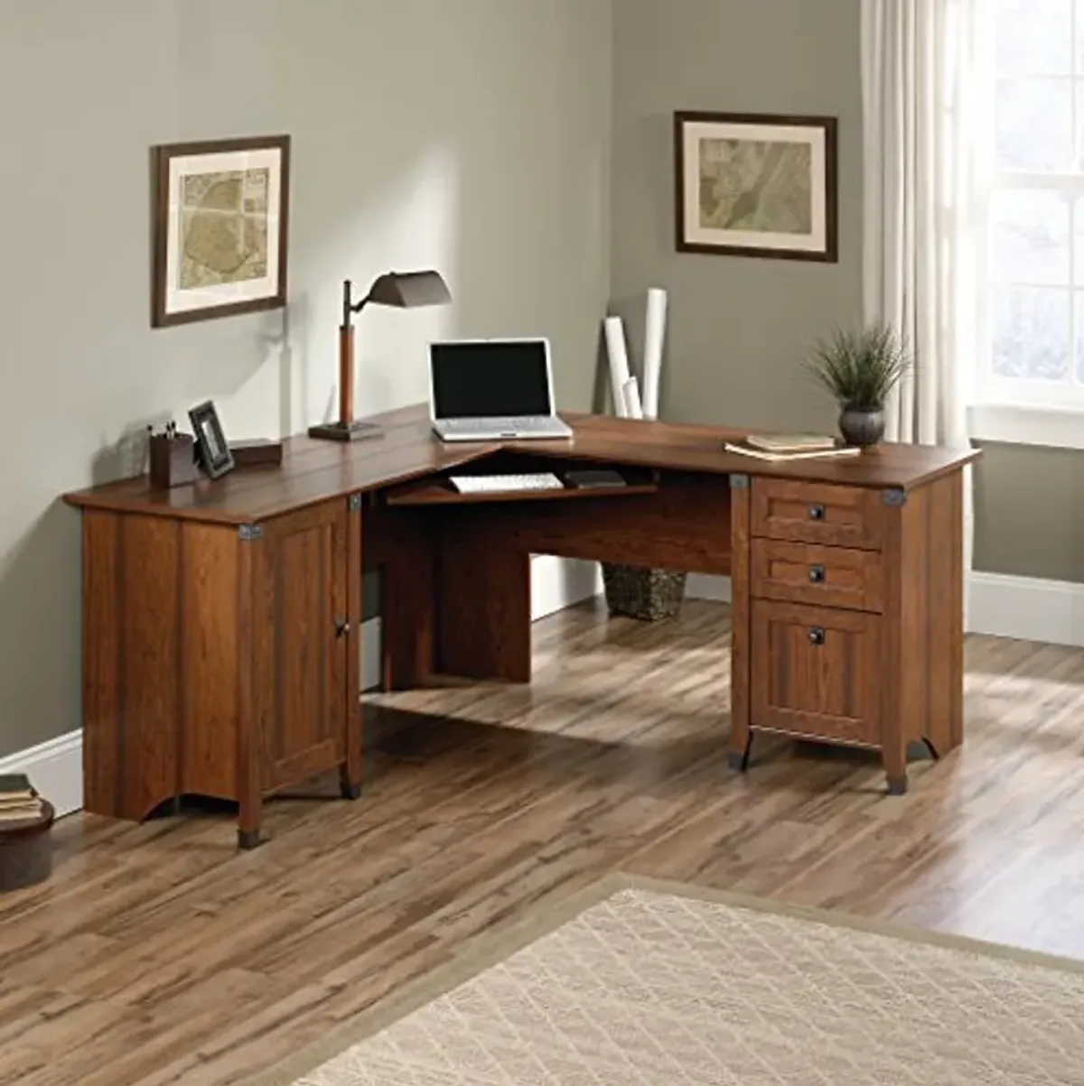 Sauder Carson Forge Corner Computer, Rustic Vintage L-Shaped Desk, L: 66.14" x W: 66.14" x H: 29.88", Washington Cherry