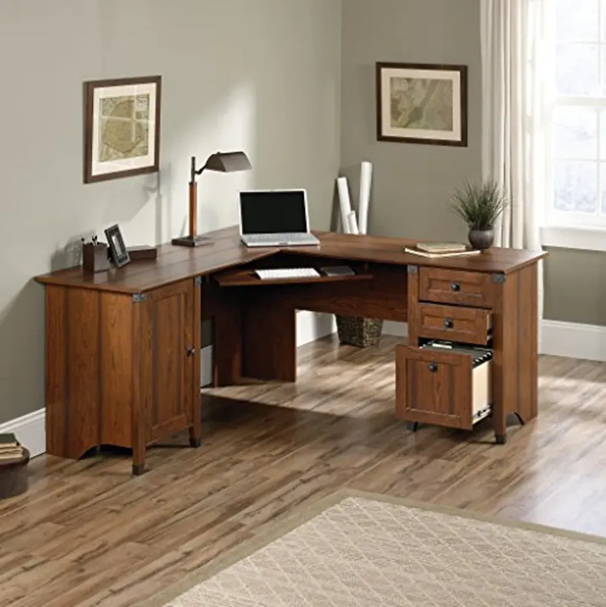 Sauder Carson Forge Corner Computer, Rustic Vintage L-Shaped Desk, L: 66.14" x W: 66.14" x H: 29.88", Washington Cherry