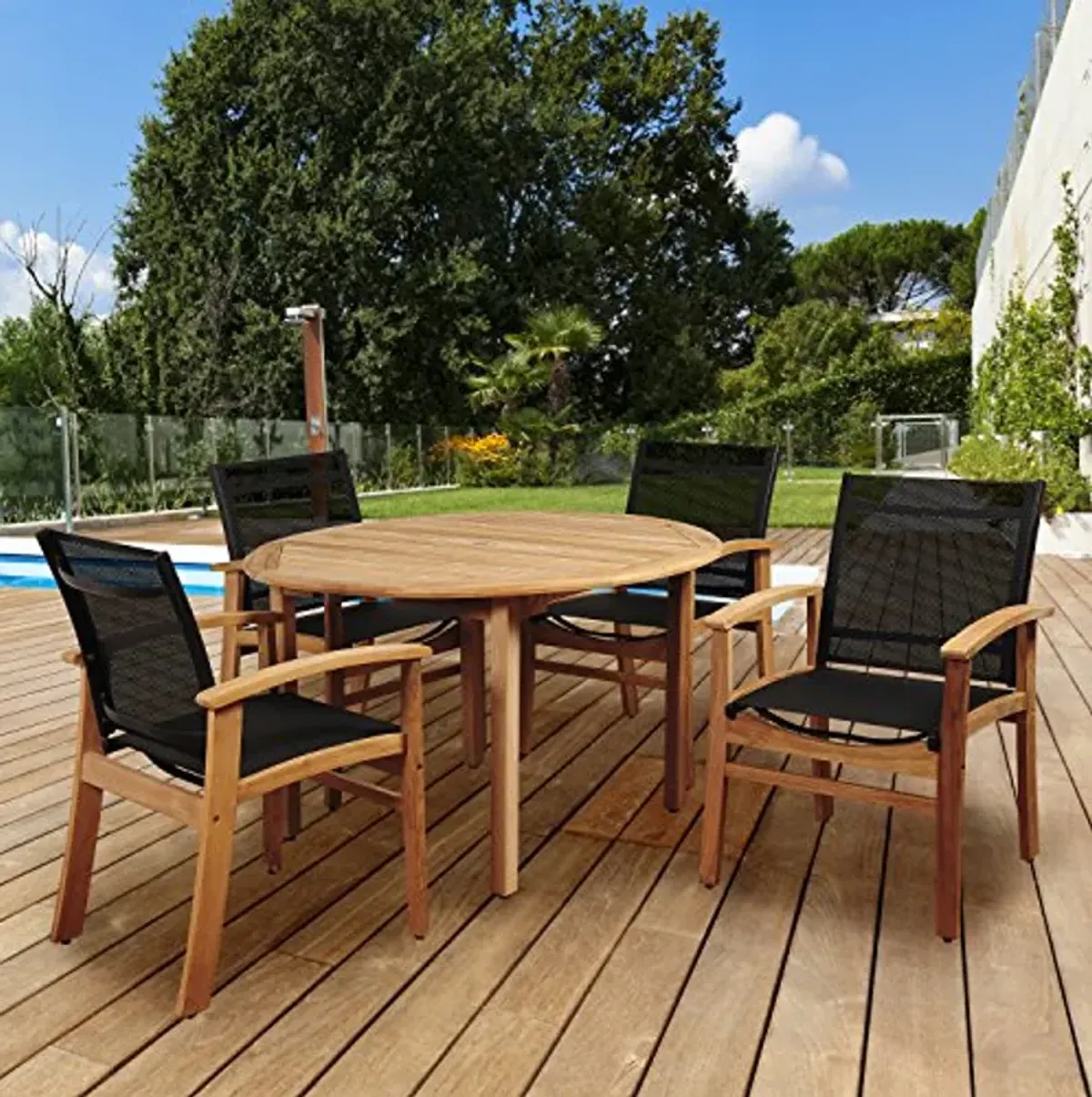 Amazonia Georgetown 5 Piece Teak Round Dining Set with Black Sling Chairs