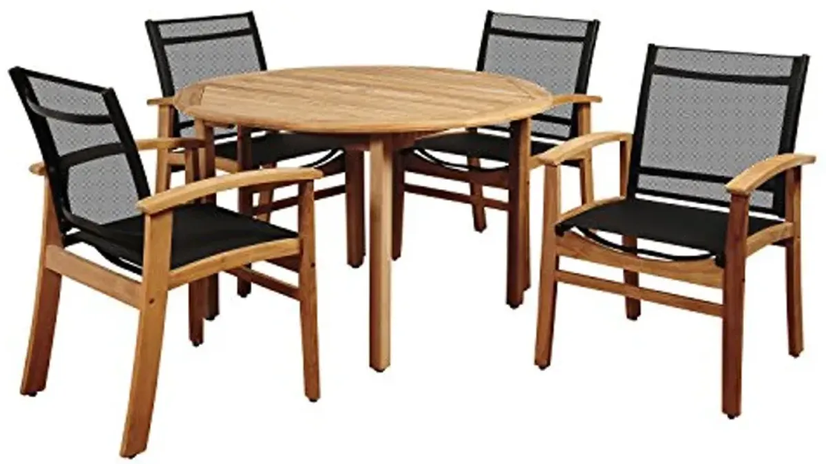 Amazonia Georgetown 5 Piece Teak Round Dining Set with Black Sling Chairs