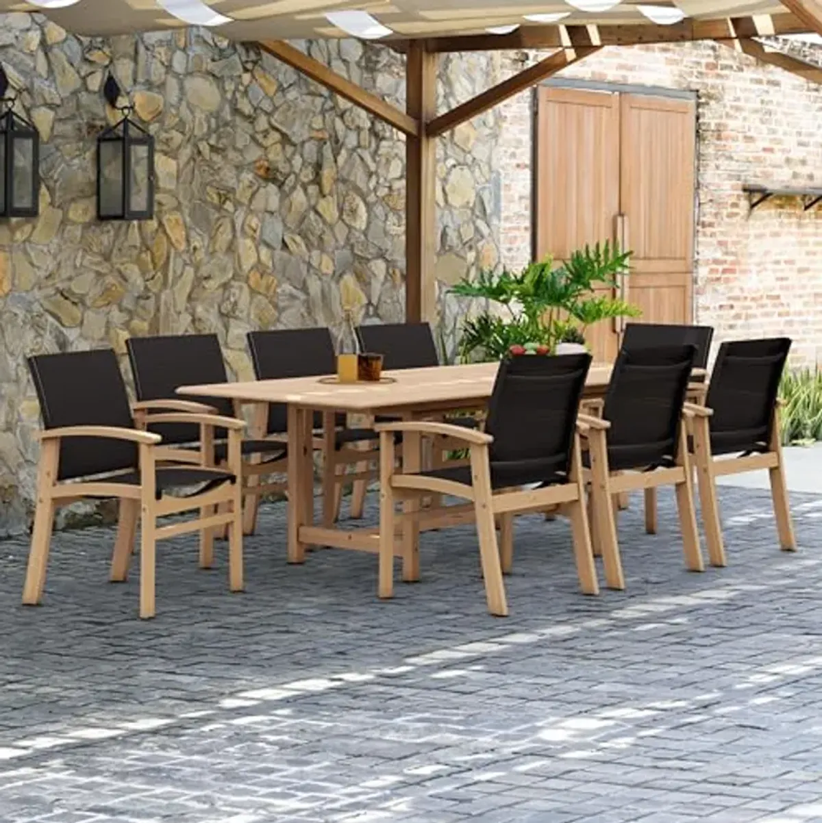 Amazonia Georgetown 9 Piece Teak Extendable Rectangular Dining Set with Black Sling Chairs