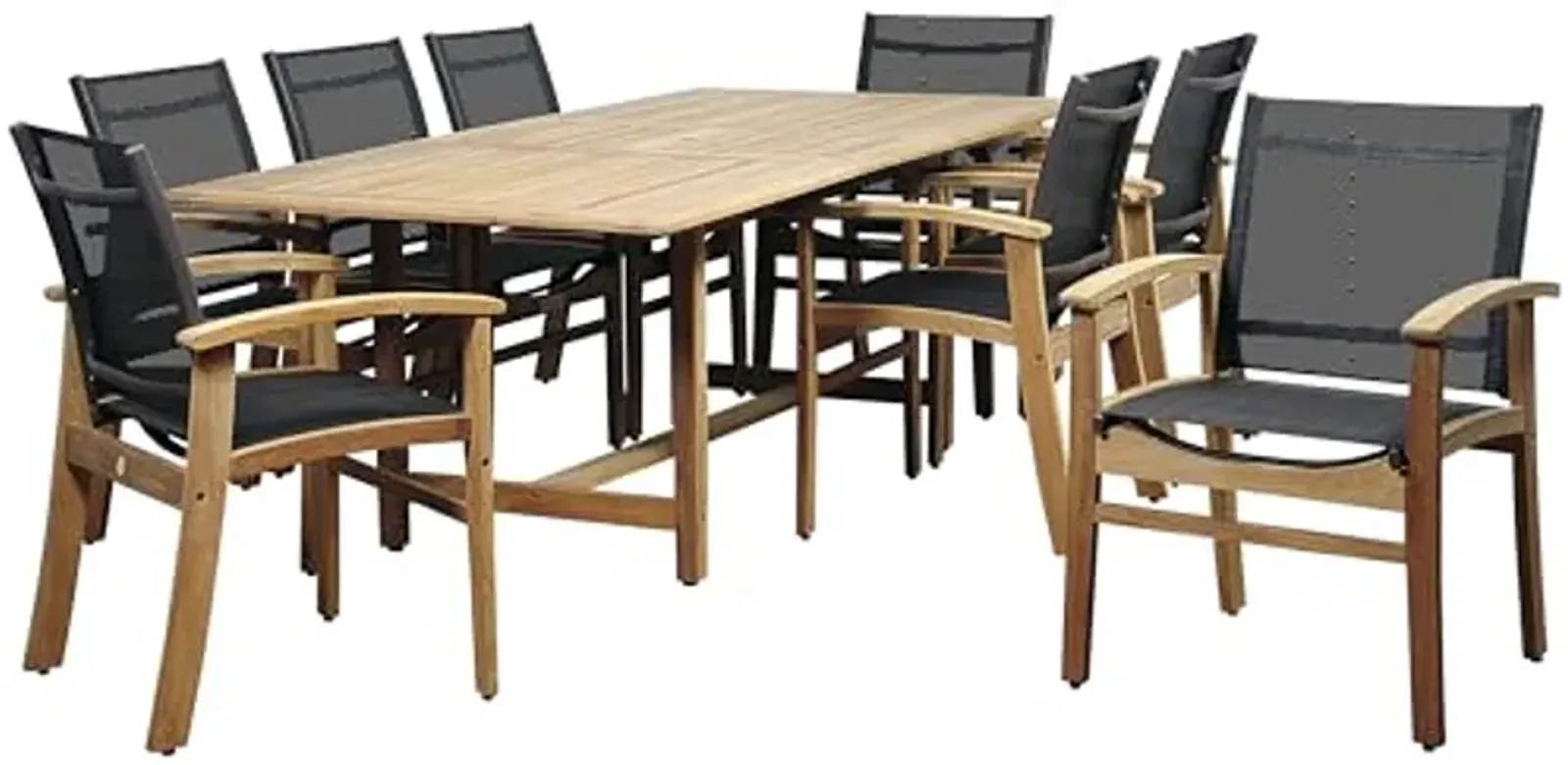 Amazonia Georgetown 9 Piece Teak Extendable Rectangular Dining Set with Black Sling Chairs