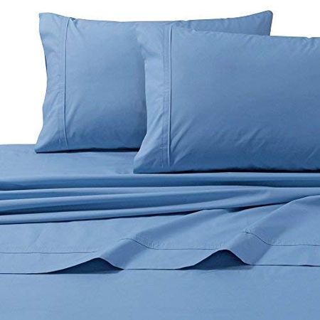 Tribeca Living Full Size Bed Sheet Set, Crisp and Smooth Cotton Percale Solid Sheets and Pillowcase Set, Extra Deep Pocket, 300 Thread Count, 4-Piece Luxury Bedding, Sky
