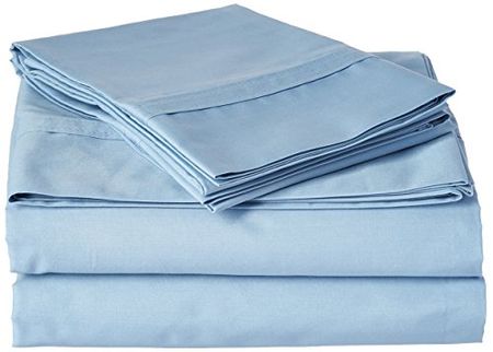 Tribeca Living Full Size Bed Sheet Set, Crisp and Smooth Cotton Percale Solid Sheets and Pillowcase Set, Extra Deep Pocket, 300 Thread Count, 4-Piece Luxury Bedding, Sky