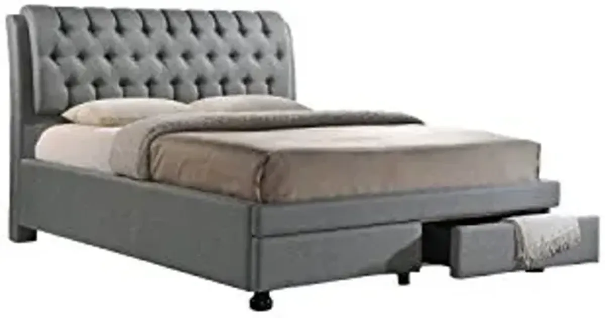 Baxton Studio Ainge Contemporary Button-Tufted Fabric Upholstered Storage Bed with 2 Drawers, King, Grey